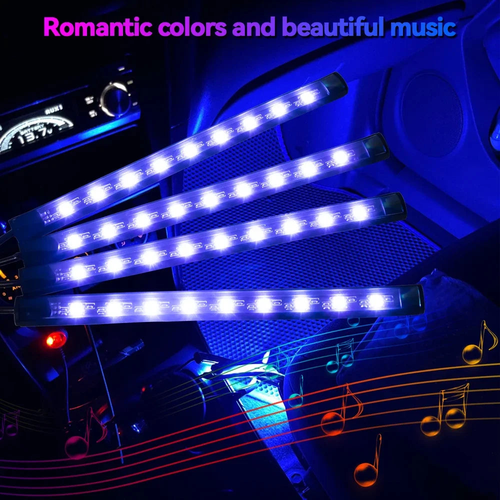 LED Car Foot Light Ambient Lamp With USB Wireless Remote Music Control Multiple Modes Automotive Interior Decorative Lights