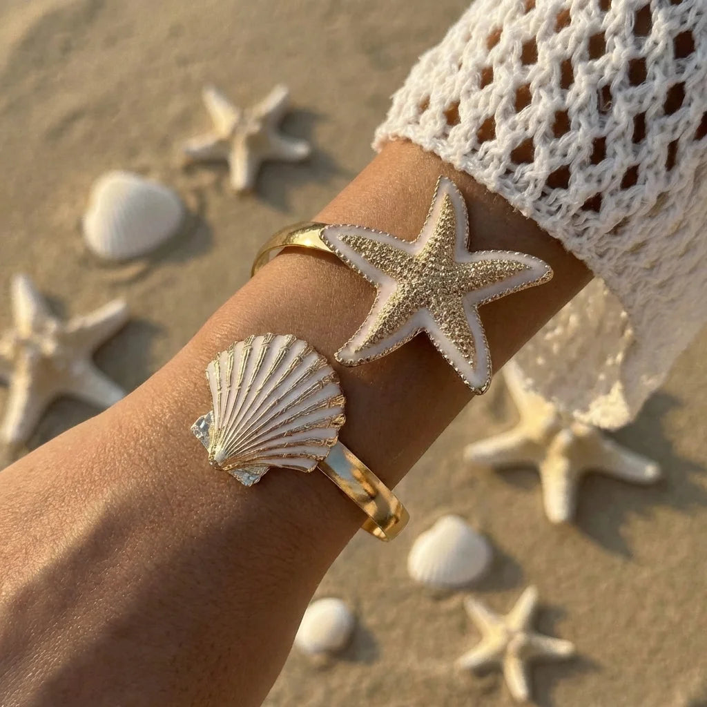 Bracelet manchette ouverte élégant avec fleur en émail pour femme, plaqué or, métal rose, blanc, bleu, motifs floraux, bijoux pour plage, fête, vacances