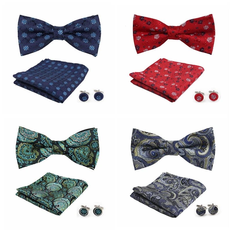 3pc Set Bow Tie Bowtie Handkerchief Cufflinks Set For Men Shirts Fit Business Wedding Butterfly Paisley Pocket Square Bowtie Man