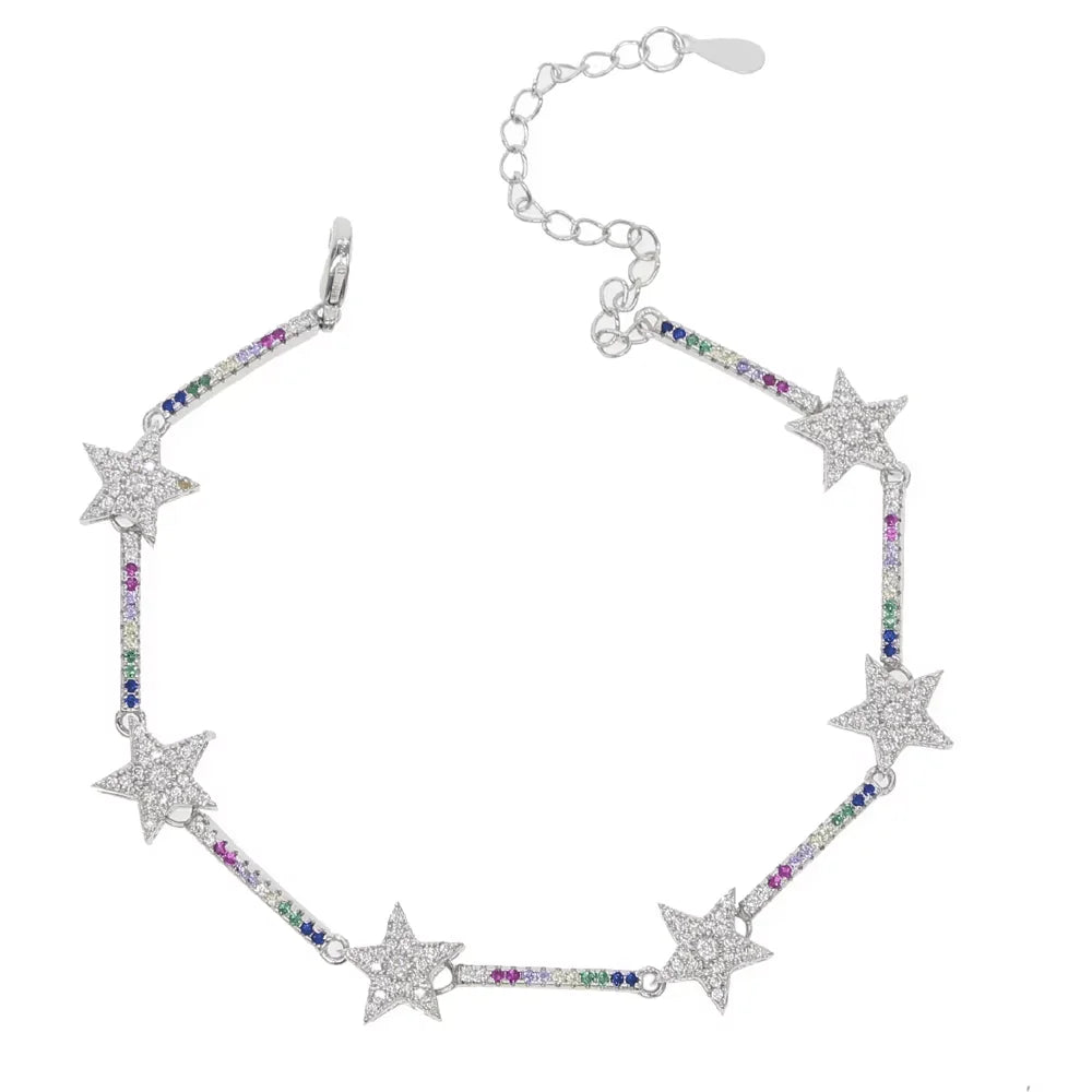 Bracelet Chaîne Esclave Étoiles en Cristal de Zirconium Tendance pour Femmes, Bracelets Breloques Étoiles Couleur Argent Délicats en CZ