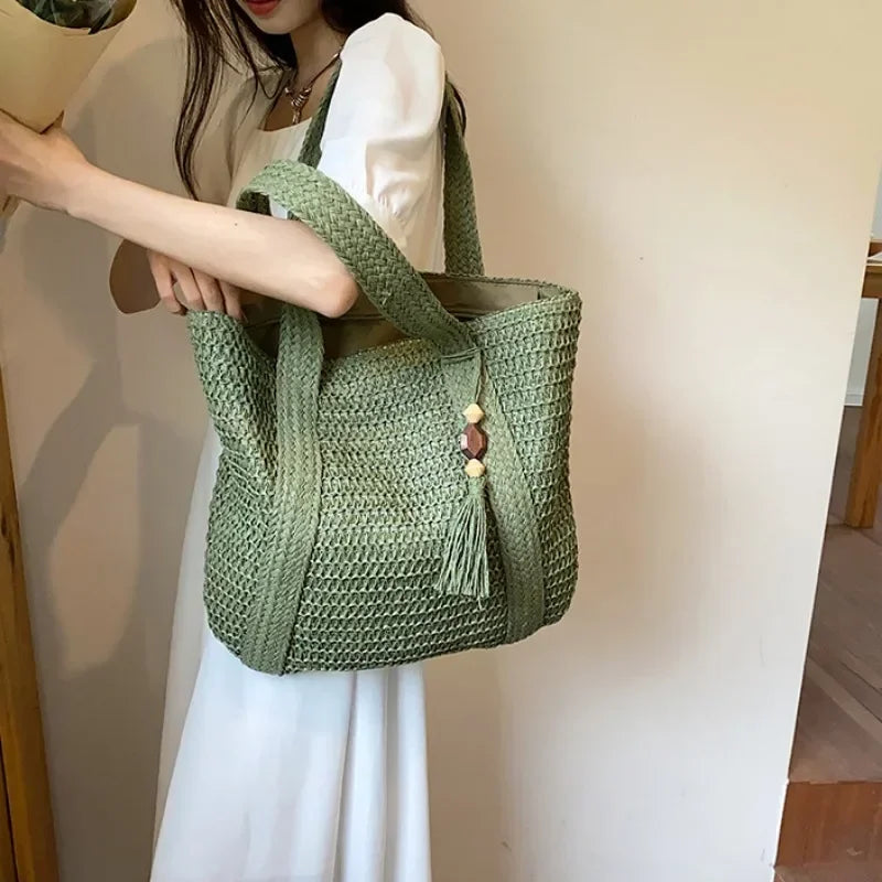 Sac à main élégant en paille tissée pour femme - Sac fourre-tout décontracté pour les vacances à la plage, les trajets quotidiens - Sacs à main rétro à bandoulière tendance 2024