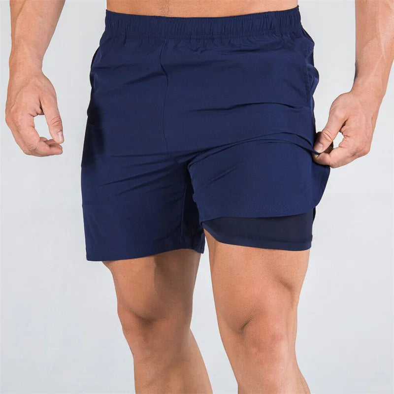 Shorts de sport double couche pour hommes, pour l'été, coupe ajustée, séchage rapide, respirants, tissés, pour l'entraînement et la gym