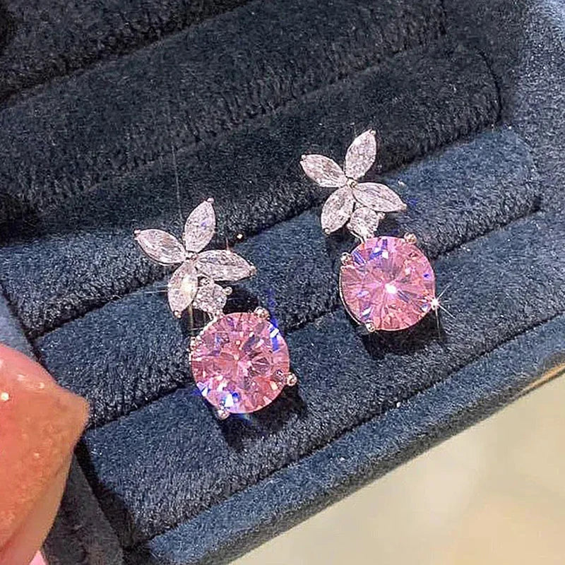 Huitan Exquisite Flower Dangle Earrings Pink Cubic Zirconia for Women Silver Color Temperament Sweet Accessories Fashion Jewelry