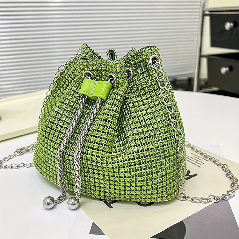 Sac bandoulière seau pour femme, brillant, avec cordon de serrage, multi-fonctionnel, disponible en 5 couleurs : vert, doré, argenté, noi