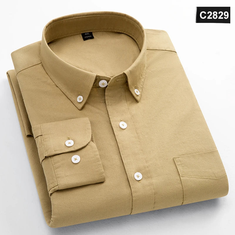Chemise à manches longues 100 % coton pour homme, coupe classique, poche unique, coupe ajustée, haut décontracté, tissu Oxford doux, couleur unie, vêtements de bureau