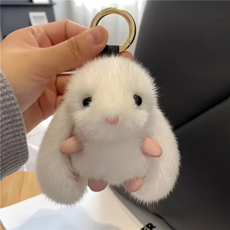 1pc Porte-clés Lapin en Peluche Blanc Tendance pour Femme avec Breloque Mignonne Jouet Doux Accessoire Décoratif pour Sacs Cadeau de Nouvel An Kit Carrosserie