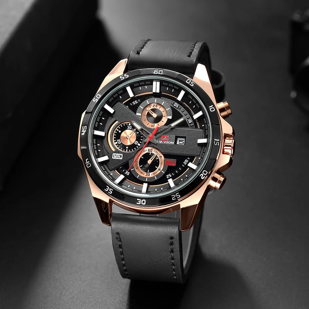 Montre Homme Sport Mode Série Racing 46mm Cuir Noir Horloge VA VA VOOM Mouvement Quartz Étanche 3 Bars Montre-bracelet pour Hommes
