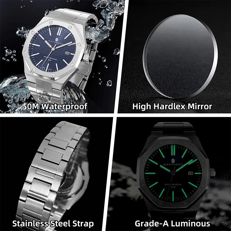 SAPPHERO Men's Watch, Stainless Steel Strap, Water-Resistant Design, Automatic Calendar, Festive Gifts, Exquisite Gift Box Clock
