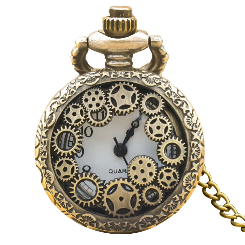 Petite montre de poche à quartz en bronze de style Steampunk, motif engrenage, sculptée en forme de trompette, avec chaîne, pour homme et femme, cadeau