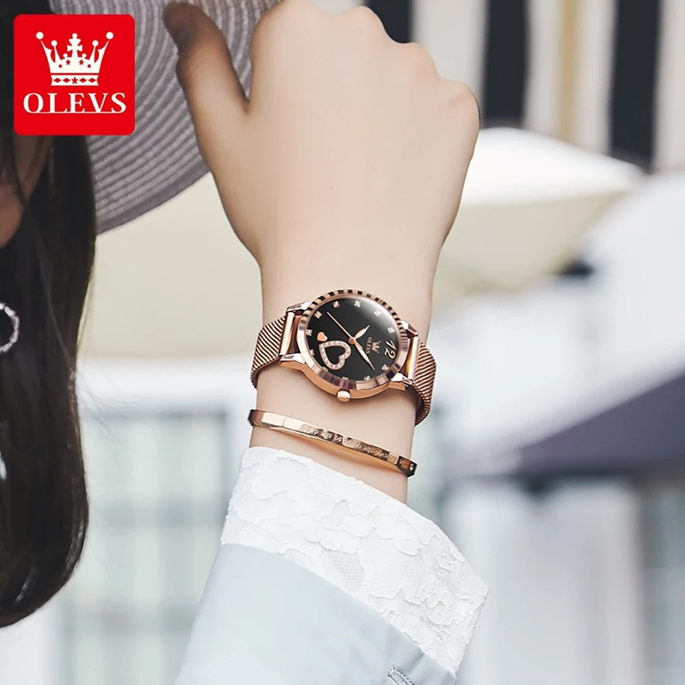 ساعة يد كوارتز نسائية OLEVS 5189، ساعة عصرية غير رسمية للسيدات مقاومة للماء مضيئة بحزام شبكي ومينا مزين بالزركون على شكل قلب
