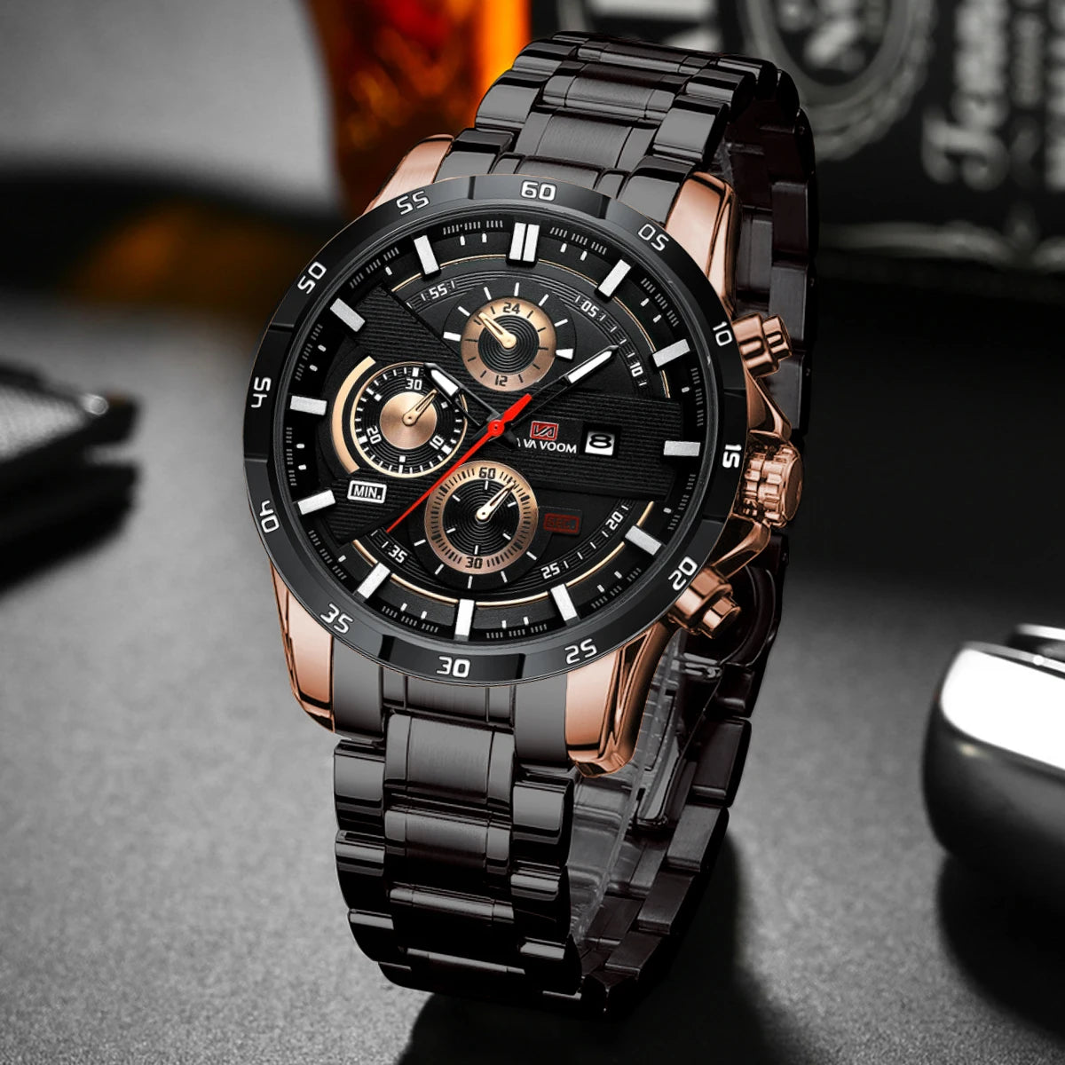 Montre Homme Sport Mode Série Racing 46mm Cuir Noir Horloge VA VA VOOM Mouvement Quartz Étanche 3 Bars Montre-bracelet pour Hommes