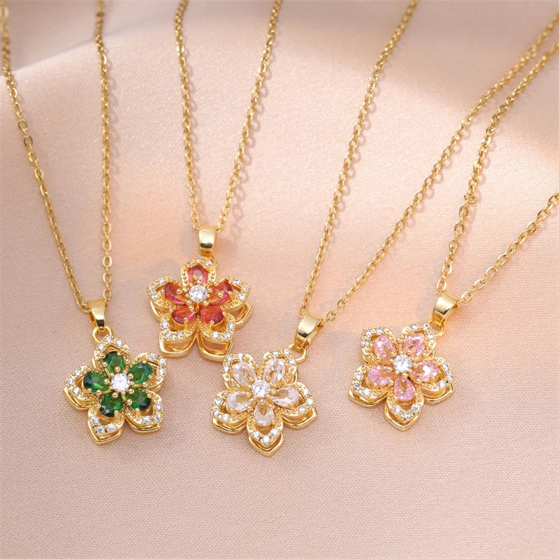 Collier à pendentif fleur romantique en zircon brillant pour femmes, plaqué or, fleurs rotatives, ras du cou, filles, mariage, fête, bijoux de luxe