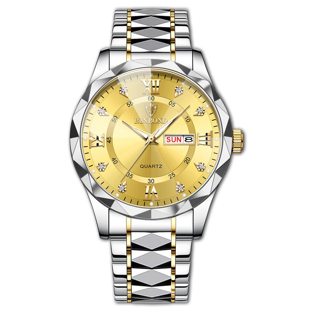 BINBOND Montre homme Acier inoxydable Qualité supérieure Luxe Fermoir caché à bouton poussoir Étanche Lumineuse Date Semaine Montres de sport