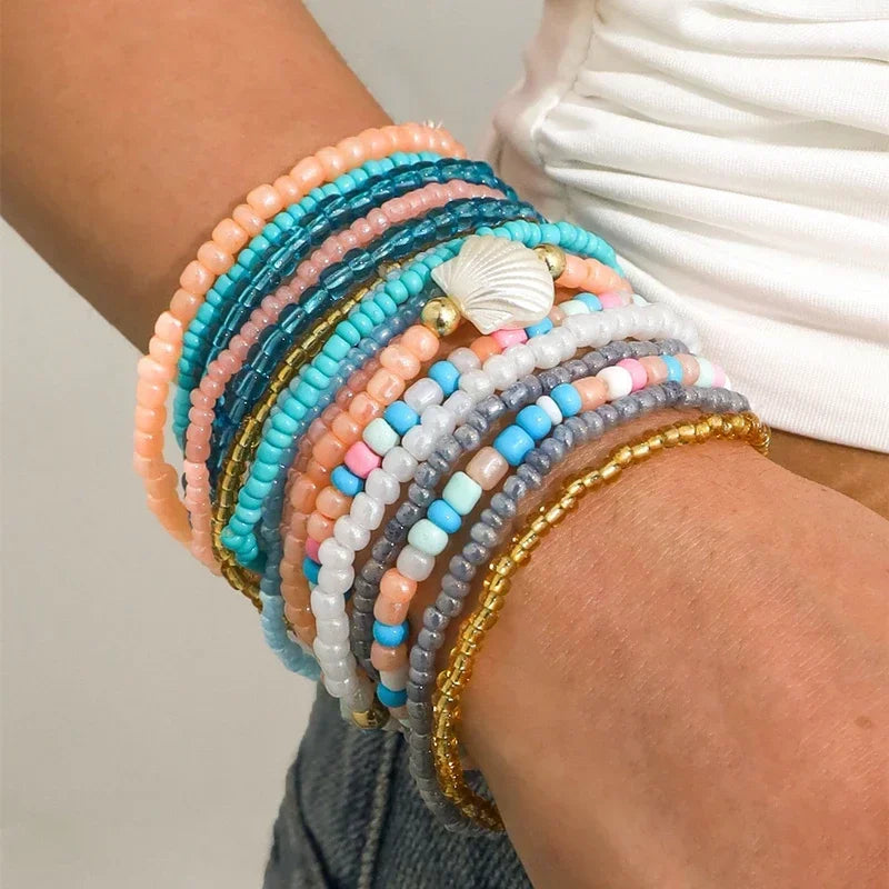 17/10 pièces/lot Bracelets élastiques à perles Perles de riz colorées Bohèmes Chaîne de bracelets Filles Été Plage Fête Vacances Bijoux
