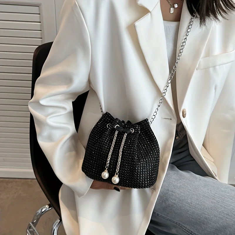 Sac bandoulière seau pour femme, brillant, avec cordon de serrage, multi-fonctionnel, disponible en 5 couleurs : vert, doré, argenté, noi