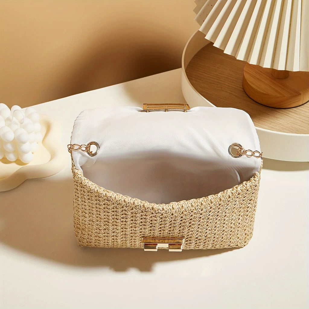 Sac à bandoulière tissé en paille pour femme, sac à bandoulière de couleur unie à la mode avec fermeture à loquet