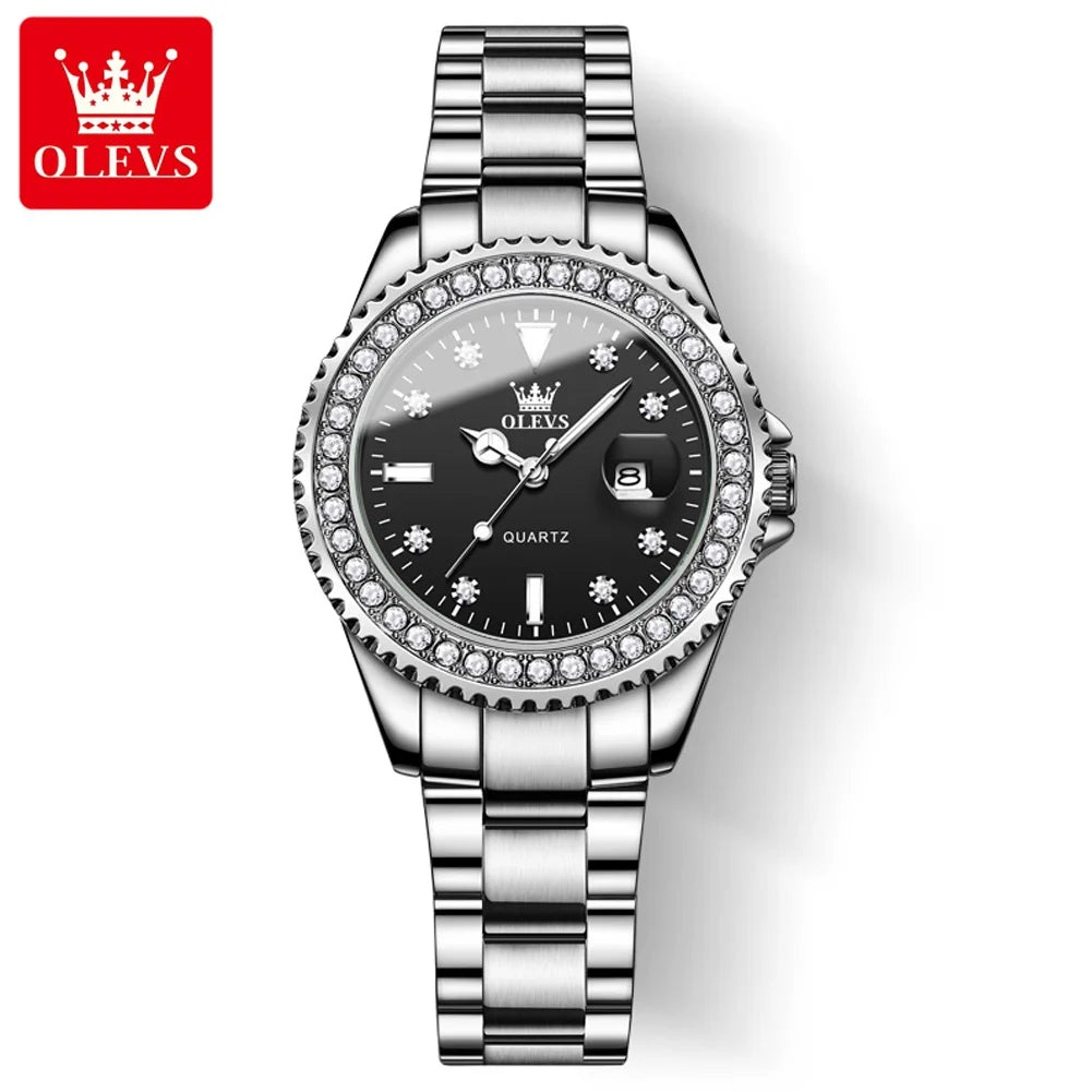 OLEVS 9945 Montre à quartz originale de marque supérieure pour femmes Montre-bracelet de luxe à calendrier à diamants en acier inoxydable pour femmes