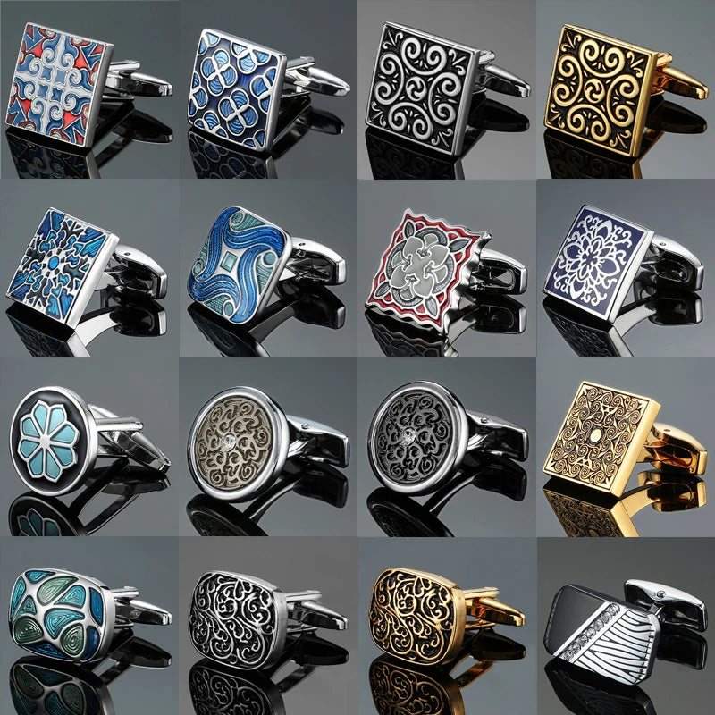 Boutons de manchette de chemise française classique pour hommes Boutons de manchette carrés haut de gamme à motif rétro amour rose bleu Accessoires de costume d'affaires bijoux