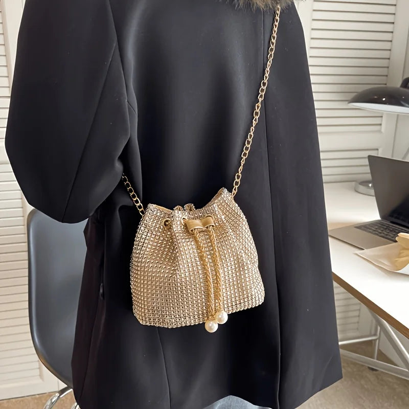 Sac bandoulière seau pour femme, brillant, avec cordon de serrage, multi-fonctionnel, disponible en 5 couleurs : vert, doré, argenté, noi