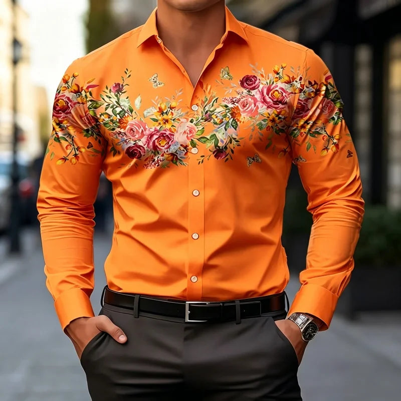 Chemises à motif floral papillon de jardin romantique européen pour hommes, coupe ajustée, manches longues, hauts de bureau formels