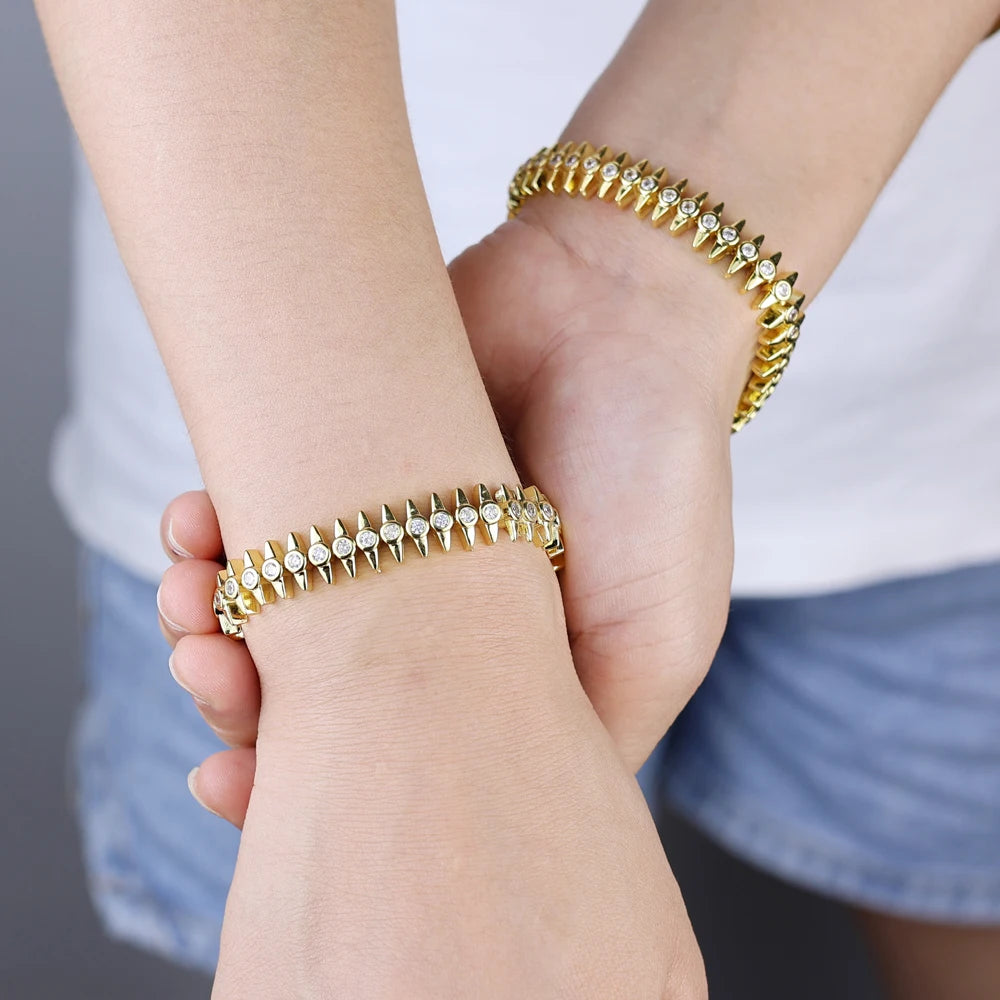 2025 New Fashion Women  Gold Color Bezel Sparking CZ Spiked Charm Tennis Chain Bracelet Rock Punk Cool Jewelry