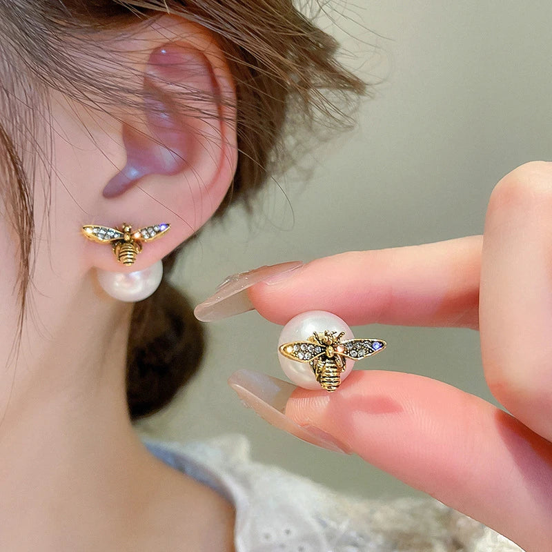 Boucles d'oreilles clous abeille insecte perle de charme vintage pour femmes tempérament exquis couleur or zircon bijoux fête accessoires cadeau