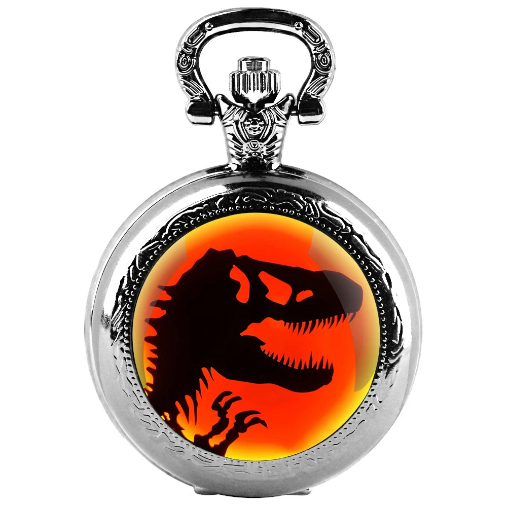 Cadeau Exquis Jurassic Park Dinosaure Dôme en Verre Montre de Poche à Quartz Collier Hommes Femmes Bijoux Uniques Pendentif Cadeaux d'Anniversaire
