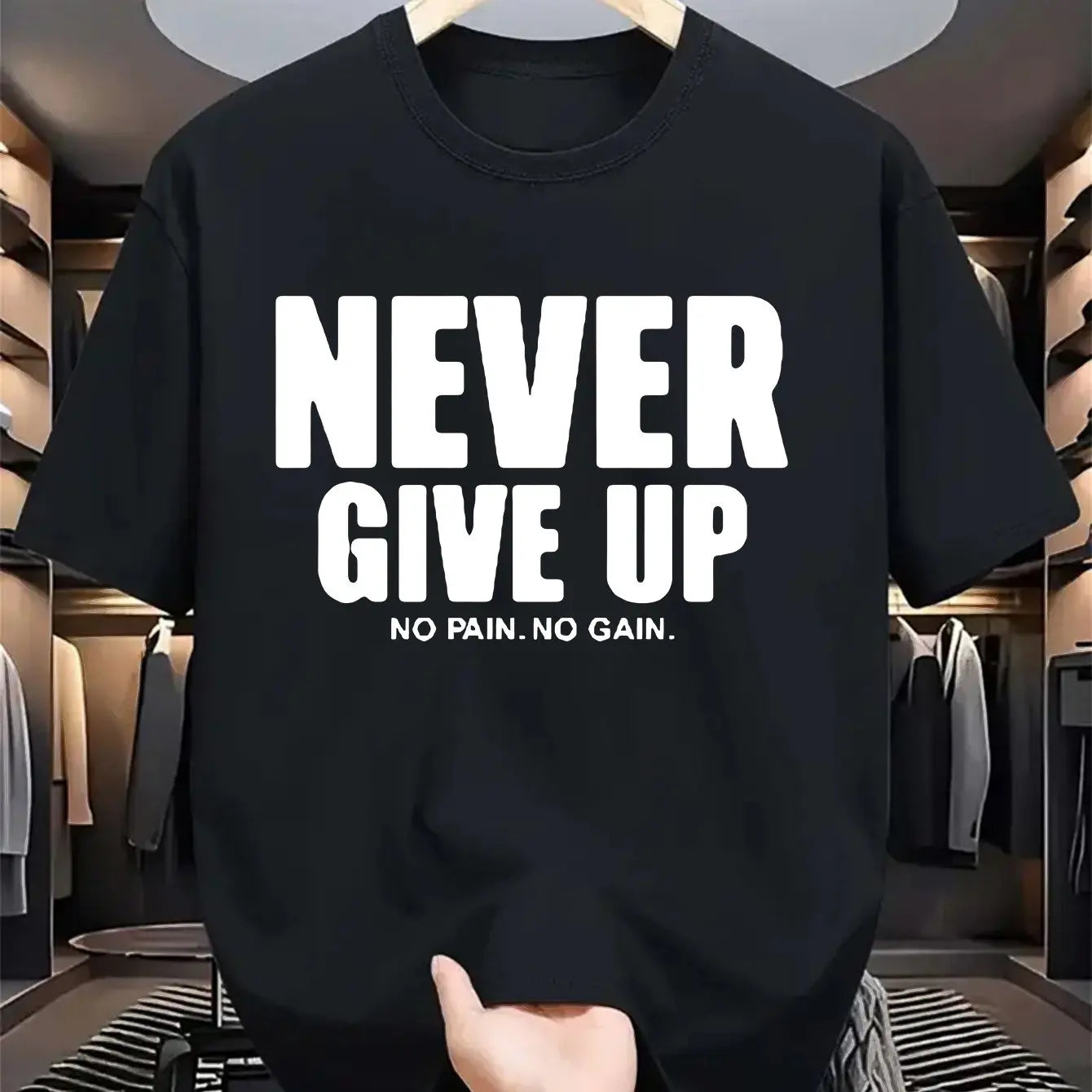 T-shirt homme à manches courtes et col rond, 100 % coton pur, décontracté, ample, avec motif de lettres "never give up" imprimé