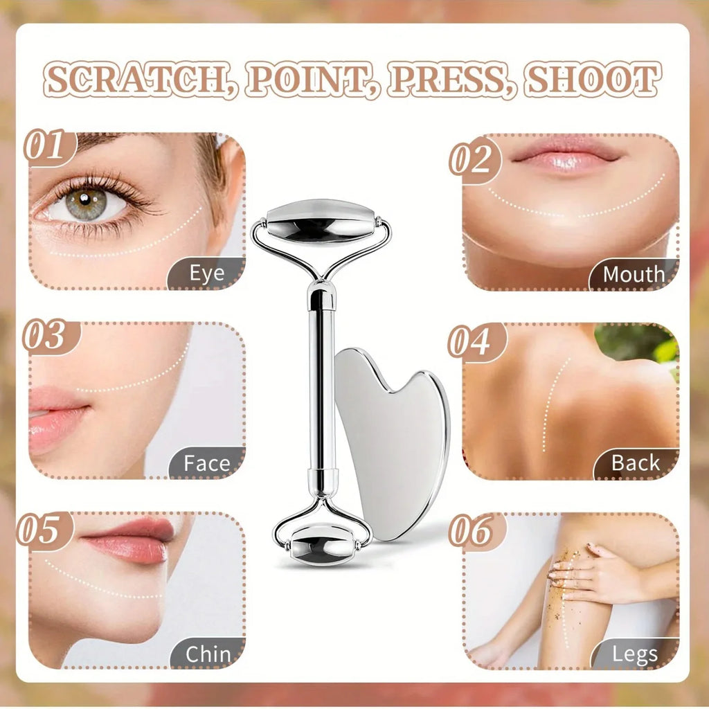 1/2/3 Piece Stainless Steel Facial Roller and Gua Sha Massage Tool Set Metal Beauty Tools for Body, Face, Neck and Eyes