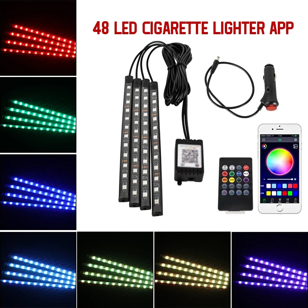 Lampe d'ambiance LED pour voiture avec USB, télécommande sans fil, contrôle musical, modes multiples, lumières décoratives intérieures pour automobile