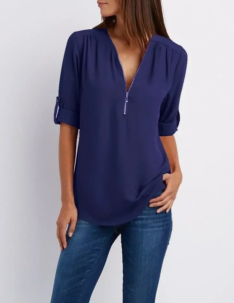 Chemise ample d'été pour femmes Col en V profond Blouse en mousseline Décontracté Tops pour femmes Sexy Fermeture éclair Pull Grande taille Manches longues Tendance