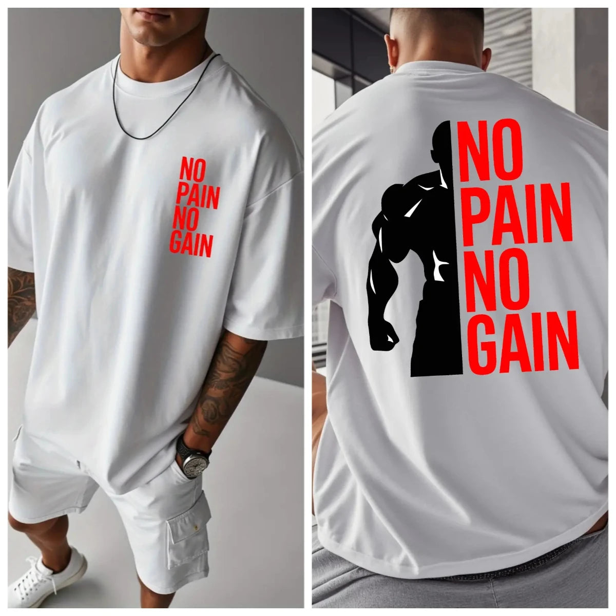 Hommes Femmes PAS DE DOULEUR PAS DE GAIN T-shirt de gym Coton Tee Streetwear Oversize Été Sports Mode Décontracté Haut Manches Courtes Respirant