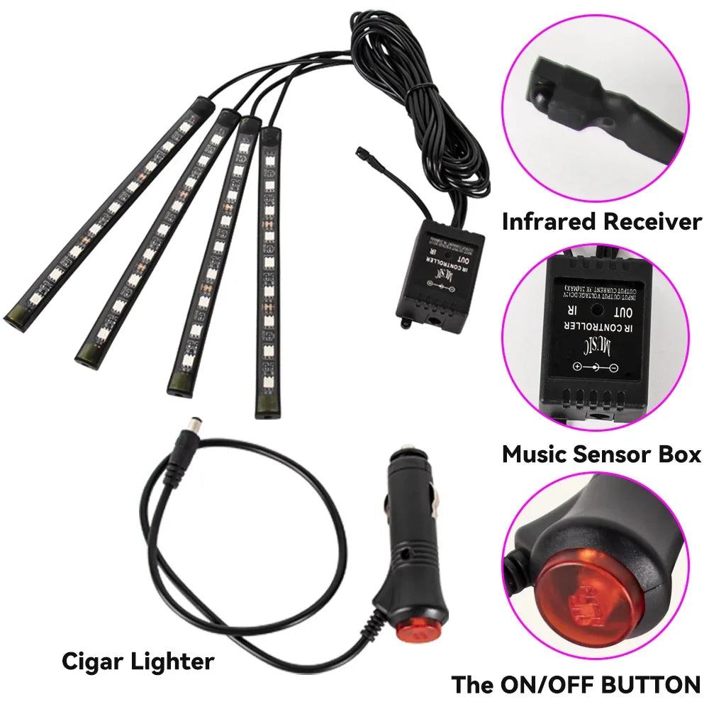 LED Car Foot Light Ambient Lamp With USB Wireless Remote Music Control Multiple Modes Automotive Interior Decorative Lights
