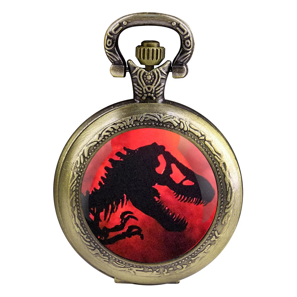 Cadeau Exquis Jurassic Park Dinosaure Dôme en Verre Montre de Poche à Quartz Collier Hommes Femmes Bijoux Uniques Pendentif Cadeaux d'Anniversaire
