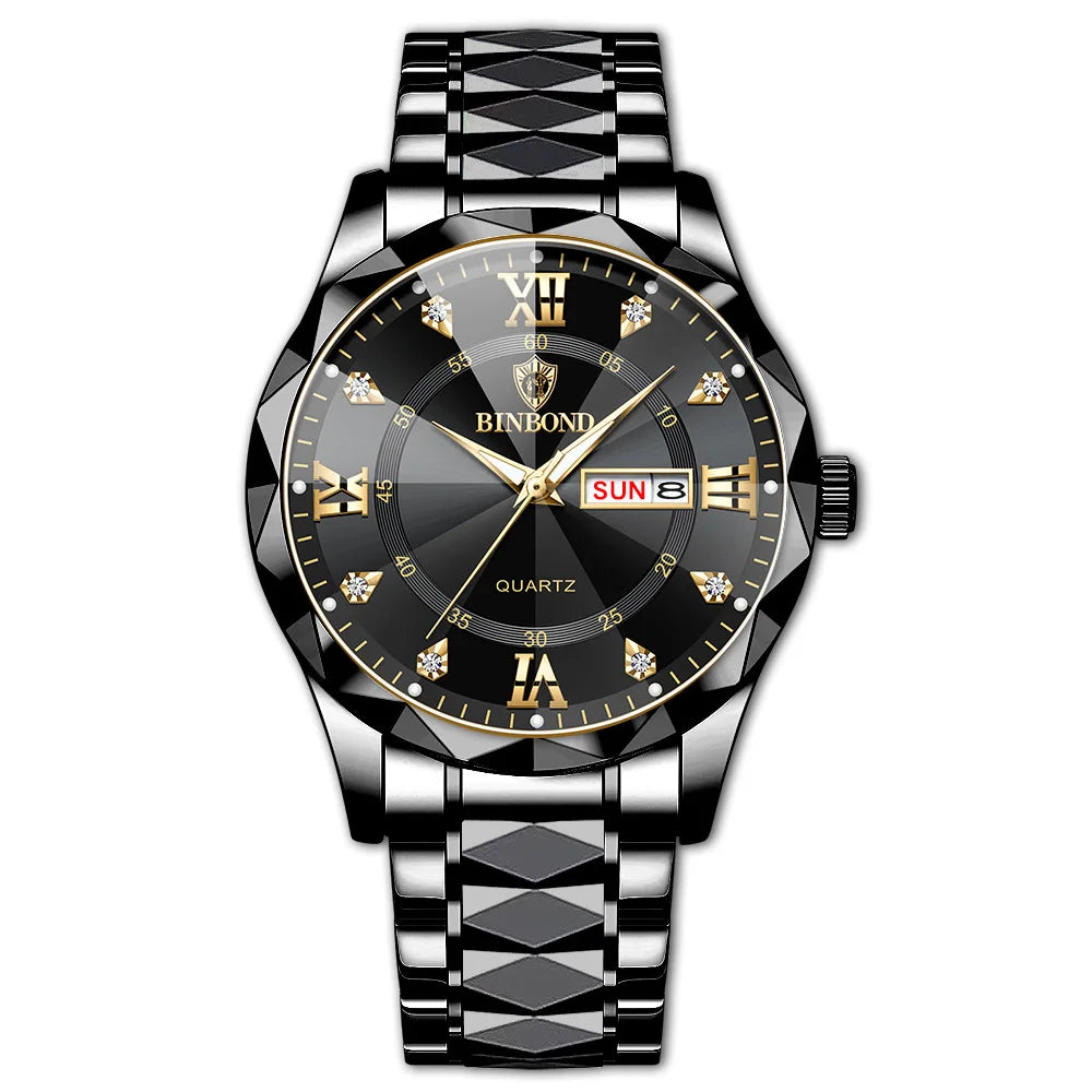 BINBOND Montre homme Acier inoxydable Qualité supérieure Luxe Fermoir caché à bouton poussoir Étanche Lumineuse Date Semaine Montres de sport