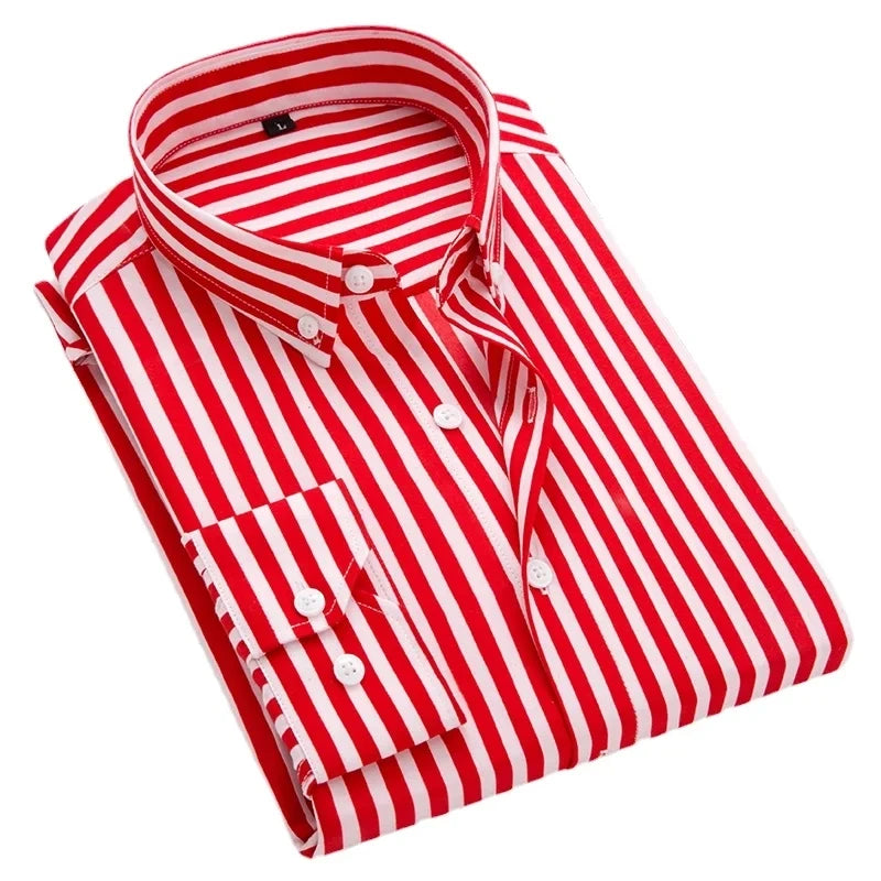 Chemise rayée classique pour homme, chemise à manches longues simple boutonnage, nouveau haut rouge et bleu automne, taille européenne révisée du XXS au XL.