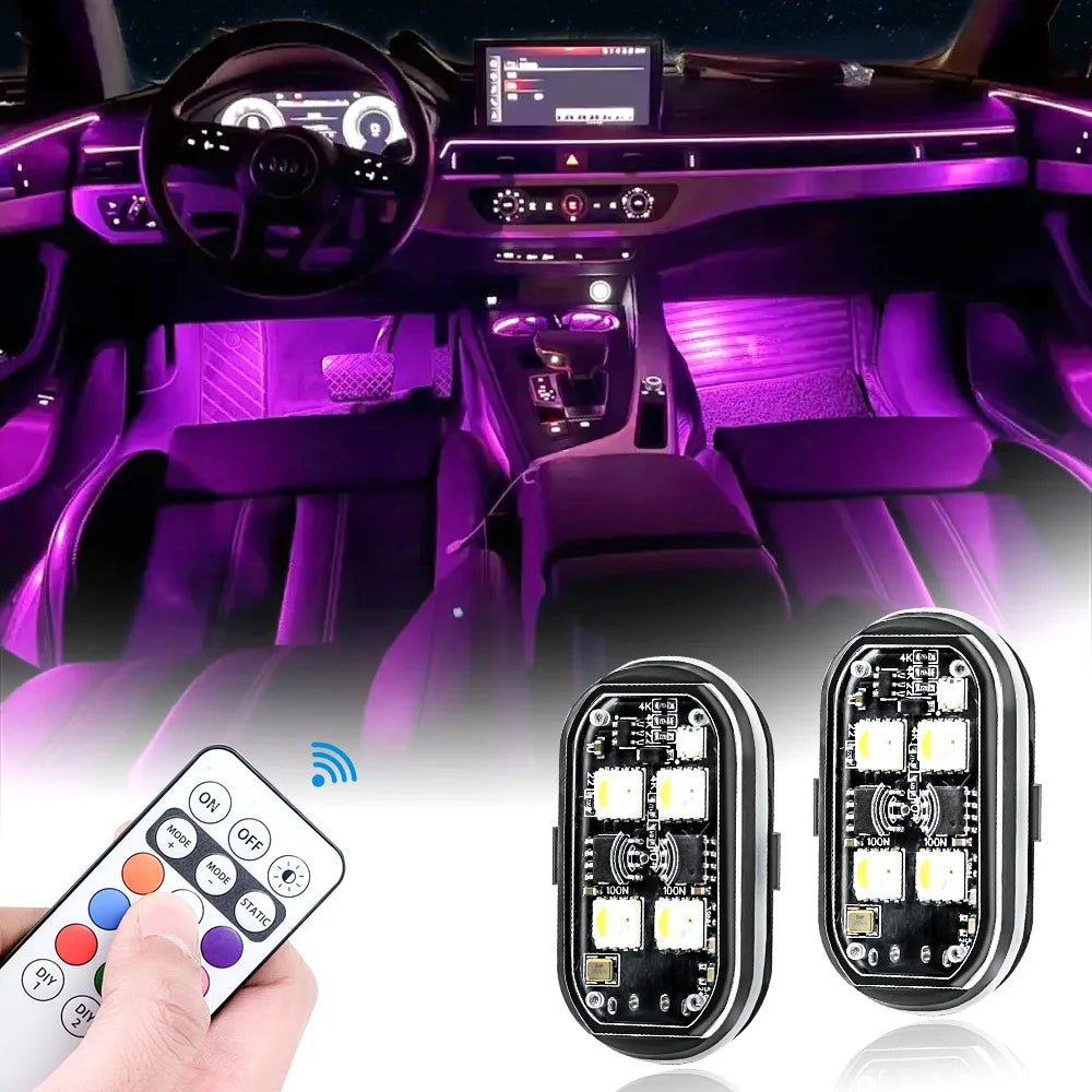 2/4 lampes stroboscopiques LED sans fil, lumière d'ambiance de voiture, 8 couleurs, lumières LED rechargeables, lumière d'avertissement LED anti-collision