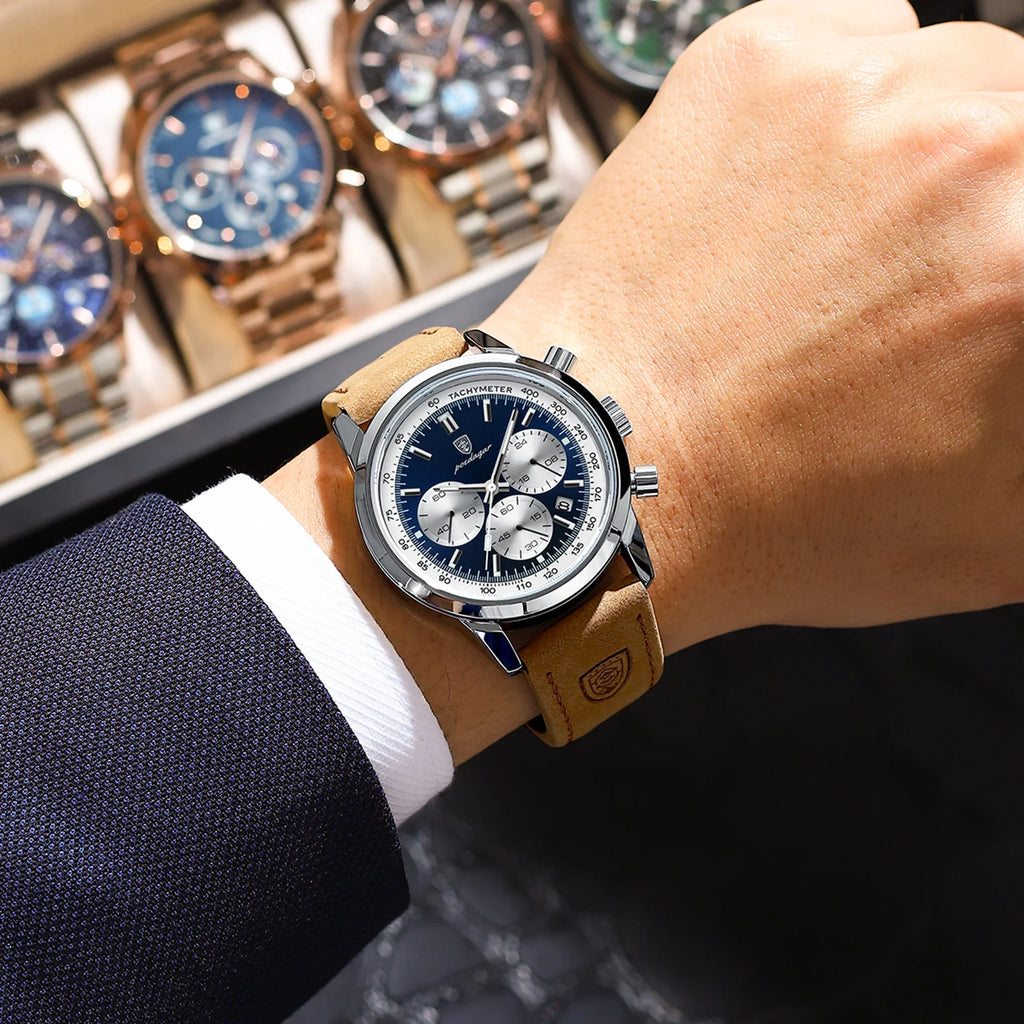POEDAGAR Montre homme étanche avancée avec calendrier, veilleuse, chronomètre, montre homme en cuir de luxe et de mode