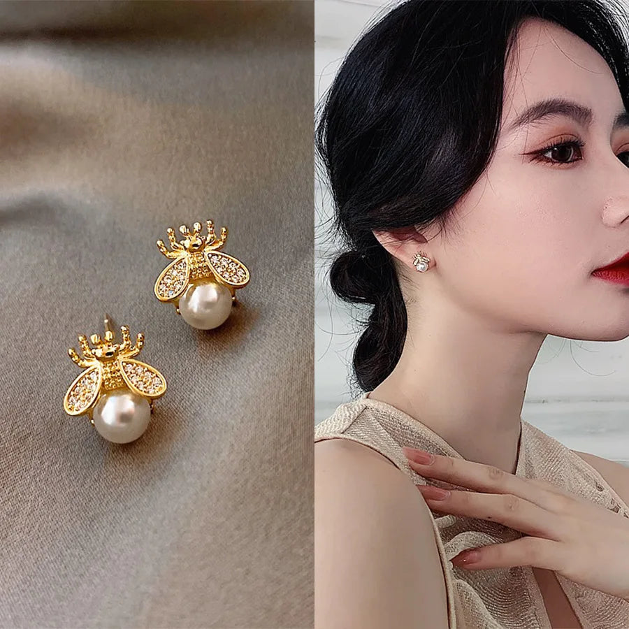 Boucles d'oreilles clous abeille insecte perle de charme vintage pour femmes tempérament exquis couleur or zircon bijoux fête accessoires cadeau