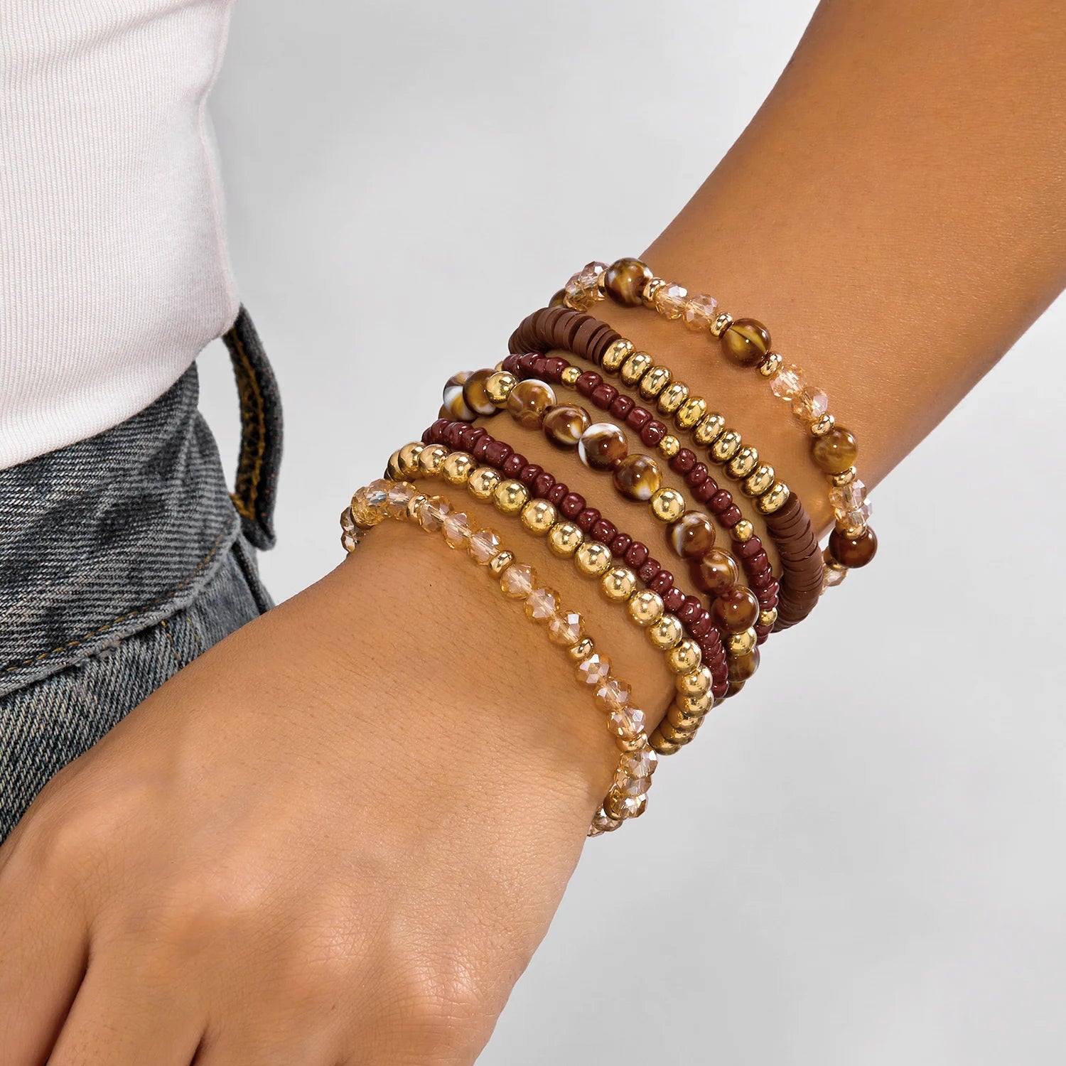 Lot de 10 Bracelets Bohèmes Chic en Bois et Perles Mixées pour Femmes, Bracelets Exquis en Gravier de Cristal, Cadeaux de Bijoux d'Amitié