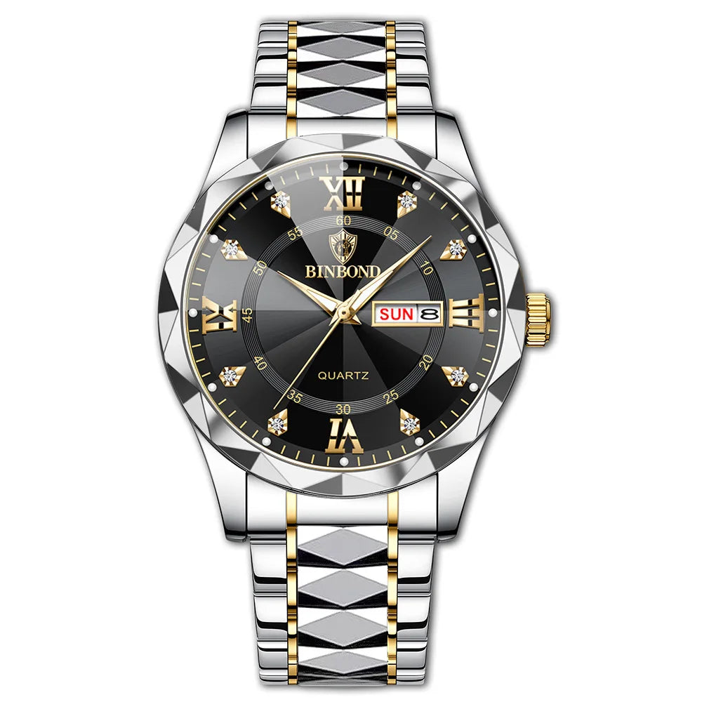 BINBOND Montre homme Acier inoxydable Qualité supérieure Luxe Fermoir caché à bouton poussoir Étanche Lumineuse Date Semaine Montres de sport