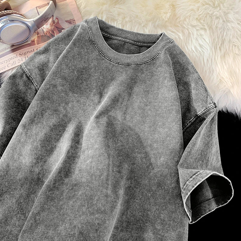 T-shirts Homme Femme Vintage Flocon de Neige Point Couleur Unie 100% Coton Manches Courtes Lavage à l'Eau Vieille Rue Hip Hop