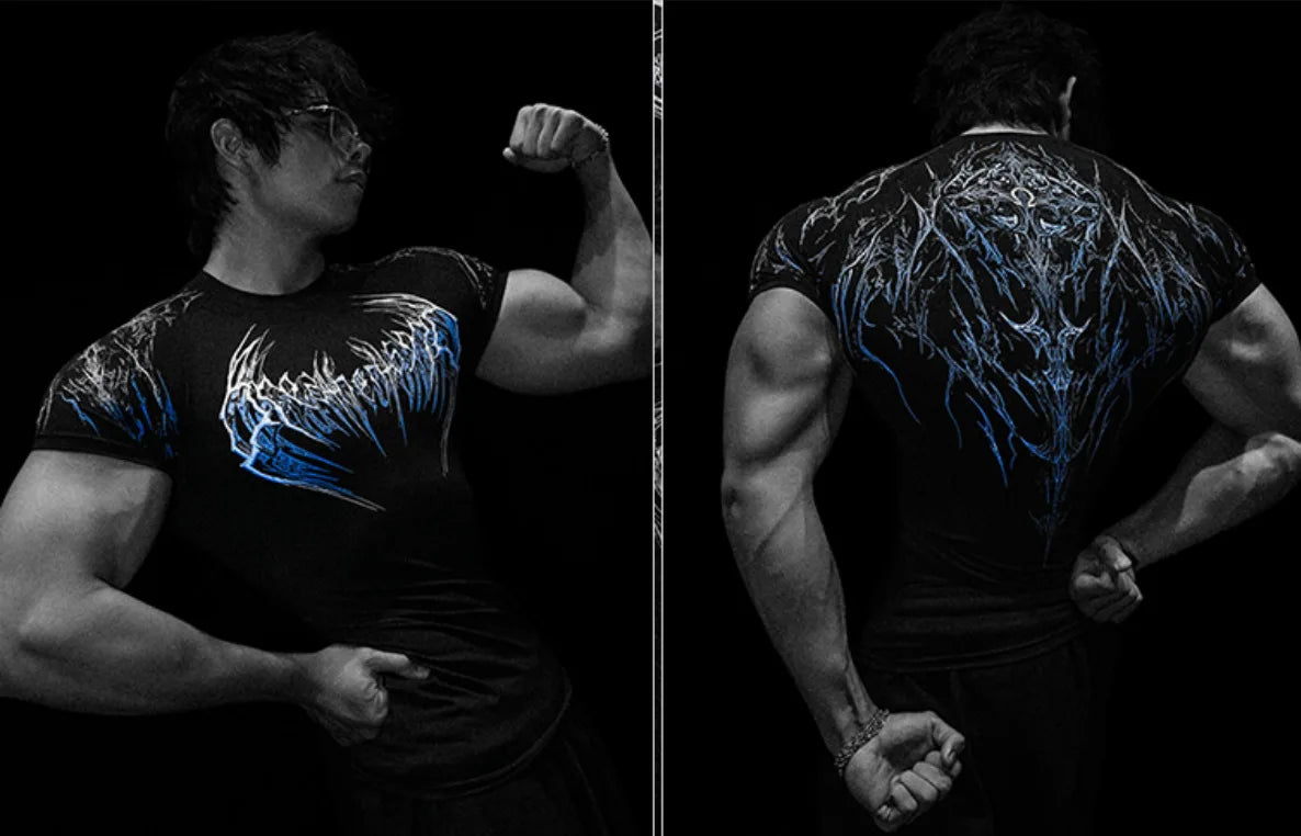 T-shirt de sport de compression pour hommes, imprimé éclair gothique, haut de gym, fitness, séchage rapide, respirant, musculation, été