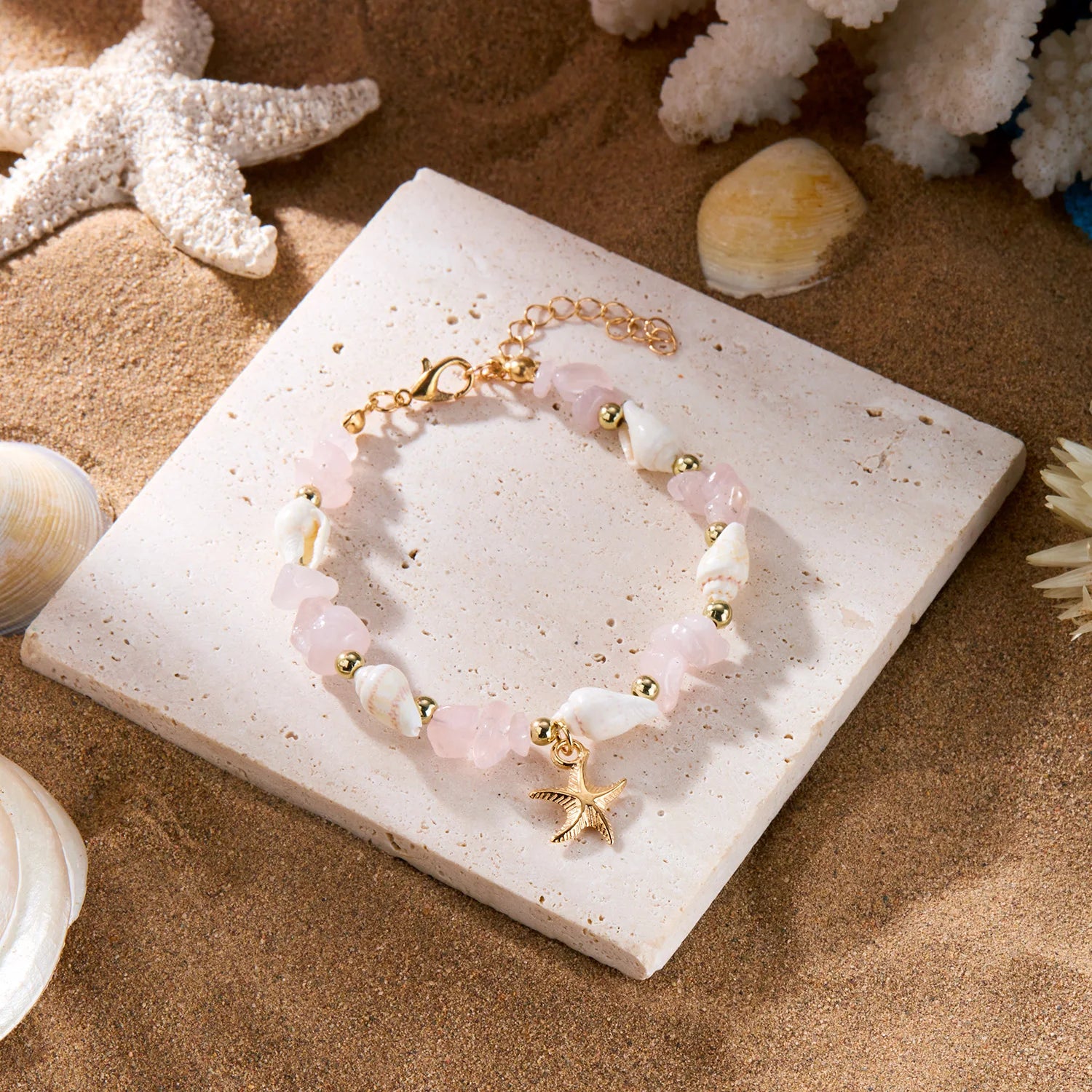Bracelet Pendentif Étoile de Mer Bohème pour Femme, Bracelet Perlé en Pierres Concassées Fait à la Main, Bijou de Plage d'Été, Accessoire de Voyage, Cadeau