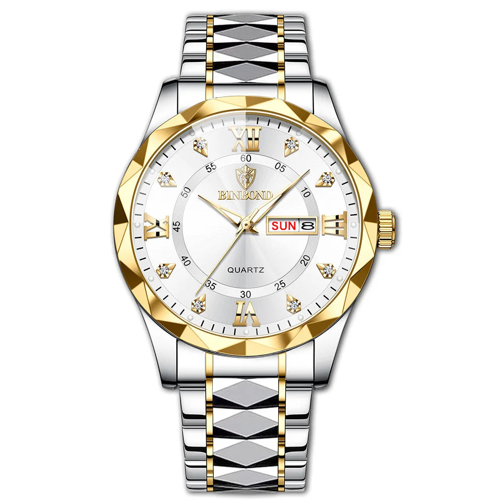 BINBOND Montre homme Acier inoxydable Qualité supérieure Luxe Fermoir caché à bouton poussoir Étanche Lumineuse Date Semaine Montres de sport
