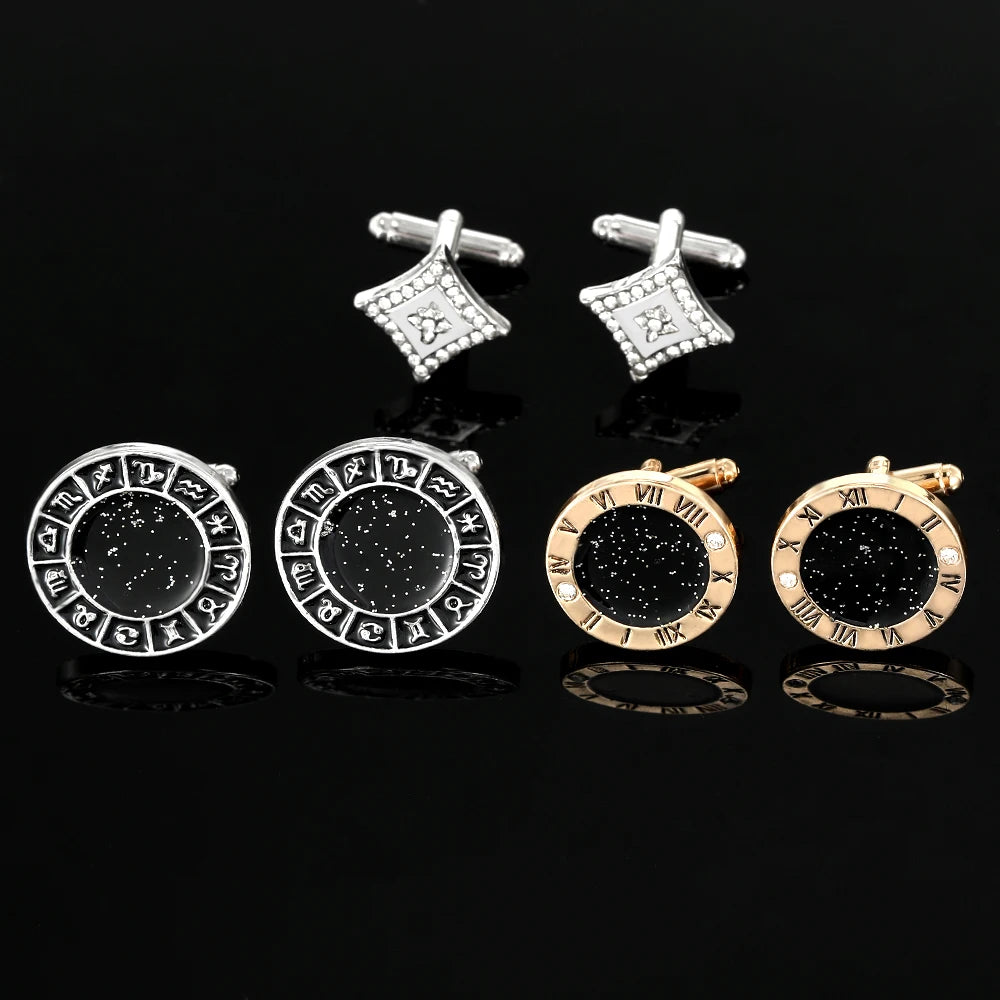 2Pcs/Set New The Zodiac Sign Design Galaxy Mens Cufflinks Space Shiny Rhombus Shaped Roman Numerals Cuff Button