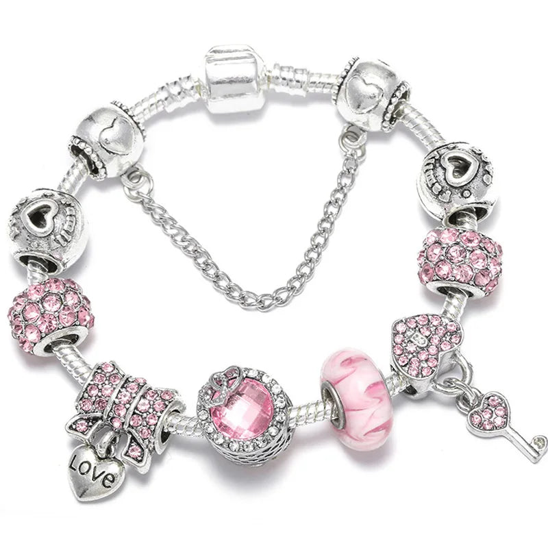 BAOPN Bracelets à breloques en perles cœur à cœur roses européennes pour femmes, bracelets et joncs de marque assortis, bijoux pour couple, livraison directe
