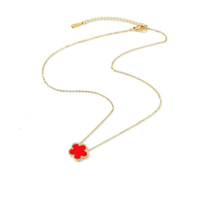 Collier en Acier Inoxydable Plaqué Or 14 Carats pour Femme, Pendentif Double Face Cinq Pétales de Fleur, Bijou Trèfle