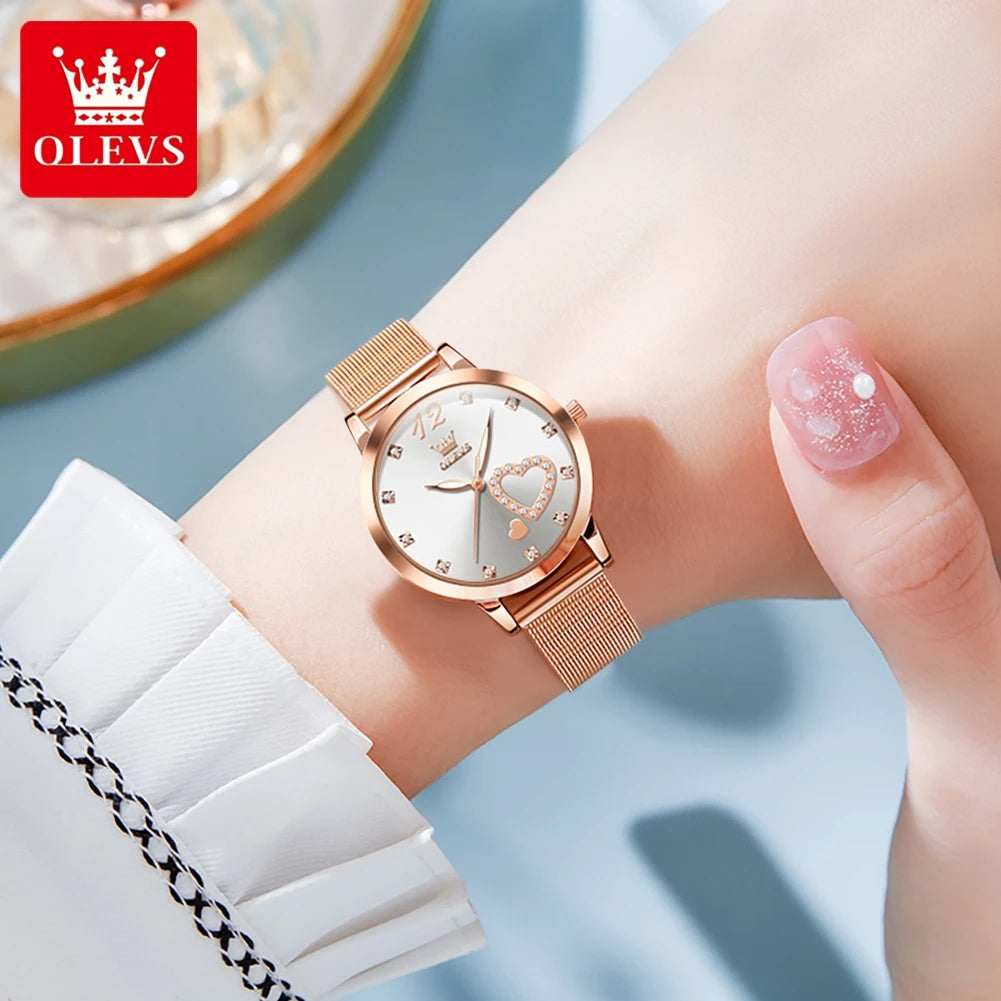 ساعة يد كوارتز نسائية OLEVS 5189، ساعة عصرية غير رسمية للسيدات مقاومة للماء مضيئة بحزام شبكي ومينا مزين بالزركون على شكل قلب