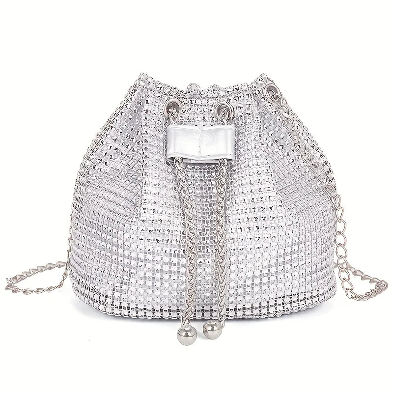Sac bandoulière seau pour femme, brillant, avec cordon de serrage, multi-fonctionnel, disponible en 5 couleurs : vert, doré, argenté, noi